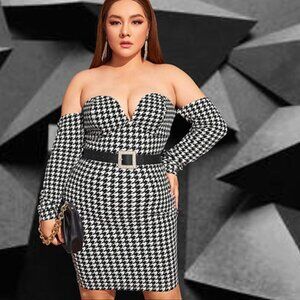 Shein Plus HoundsTooth off shoulder Bodycon Dress SZ 2X